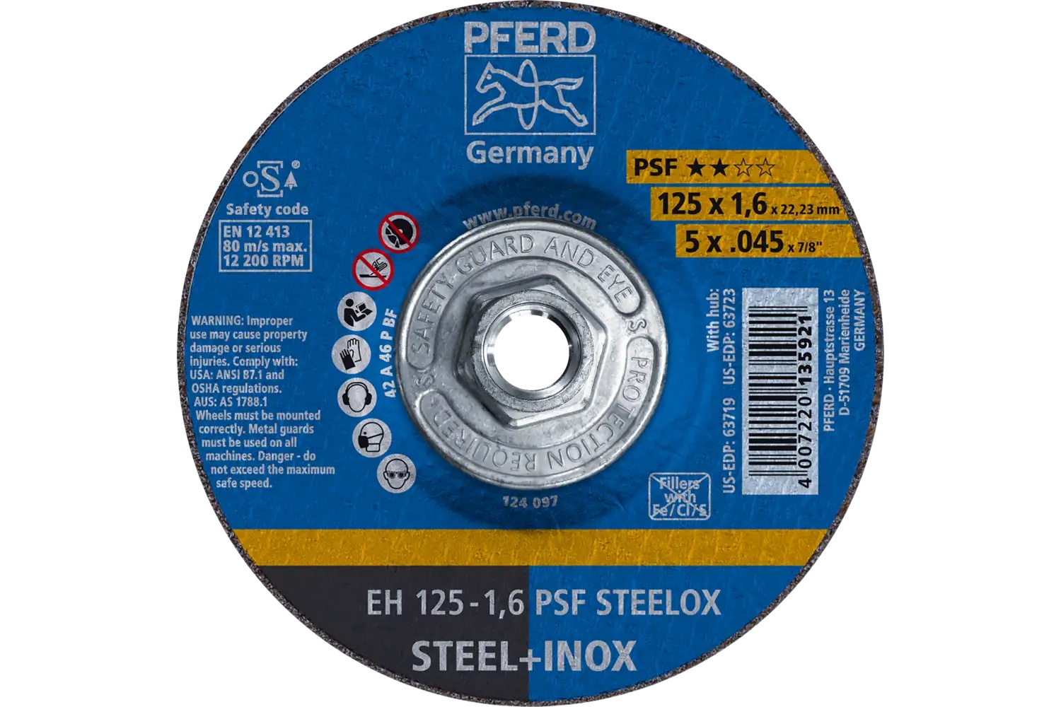 Picture of Pferd Cut-Off Wheel, 5" X .045 X 5/8-11, Psf Steelox, T27, Aluminum Oxide